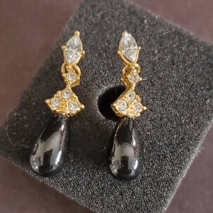 Roman‎ Vintage Black Teardrop earrings with Crystal Accents Gold Plated